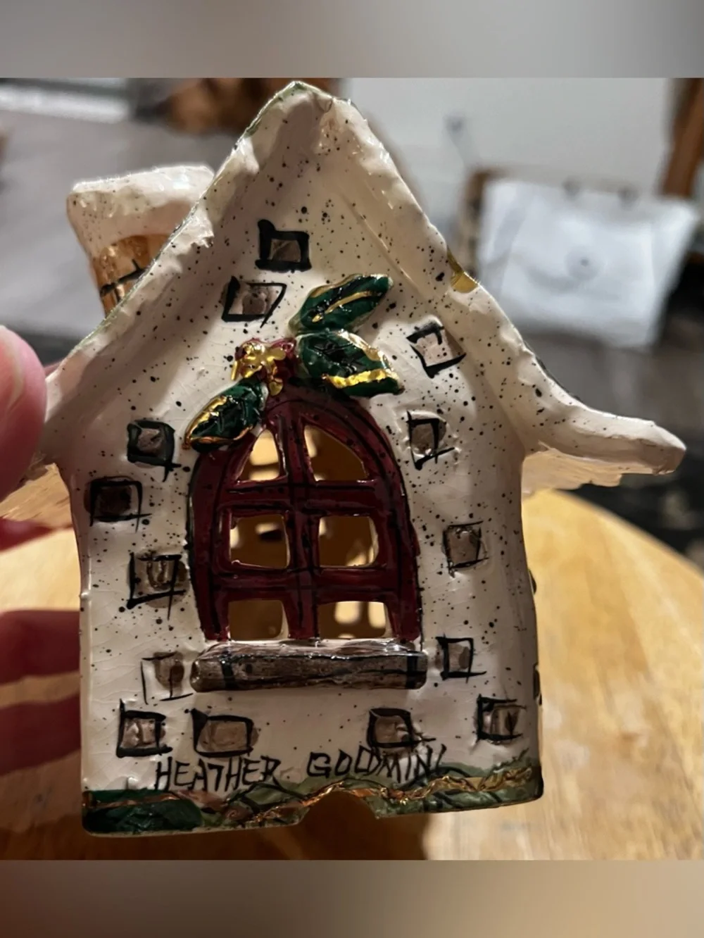 Blue Sky Heather Goldminc Christmas Cottage Tealight House Holly Berry Vintage